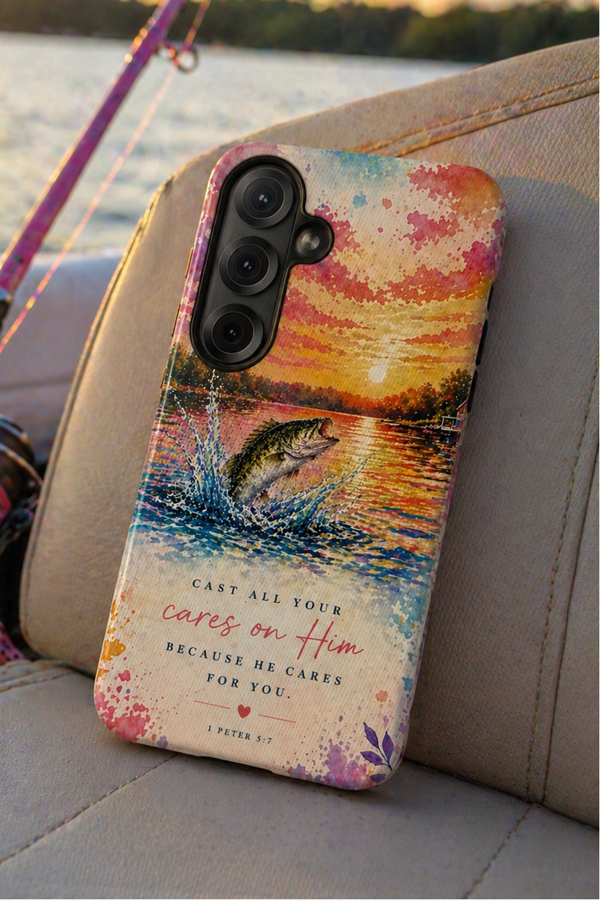 Phone case with fishing design and sunset scene on a boat seat