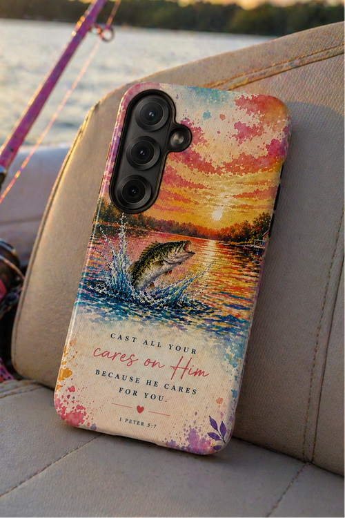 Phone case with fishing design and sunset scene on a boat seat